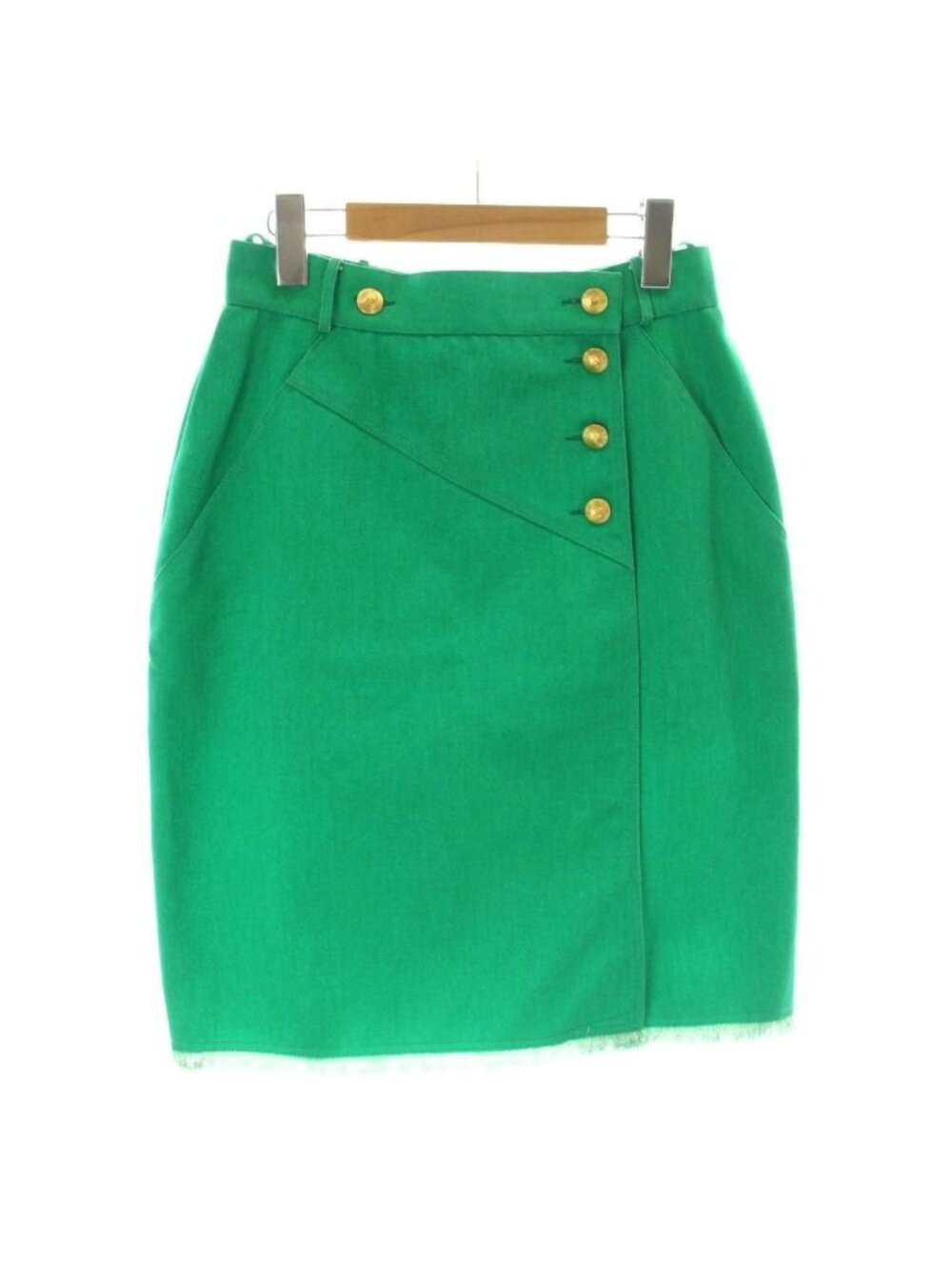 Chanel Cotton Pencil Skirt Knee-Length CC Logo Button Green